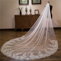 Voiles de mariage cathédrale ivoire blanc en gros 3*3 mètres Appliques en dentelle Voile nuptial
