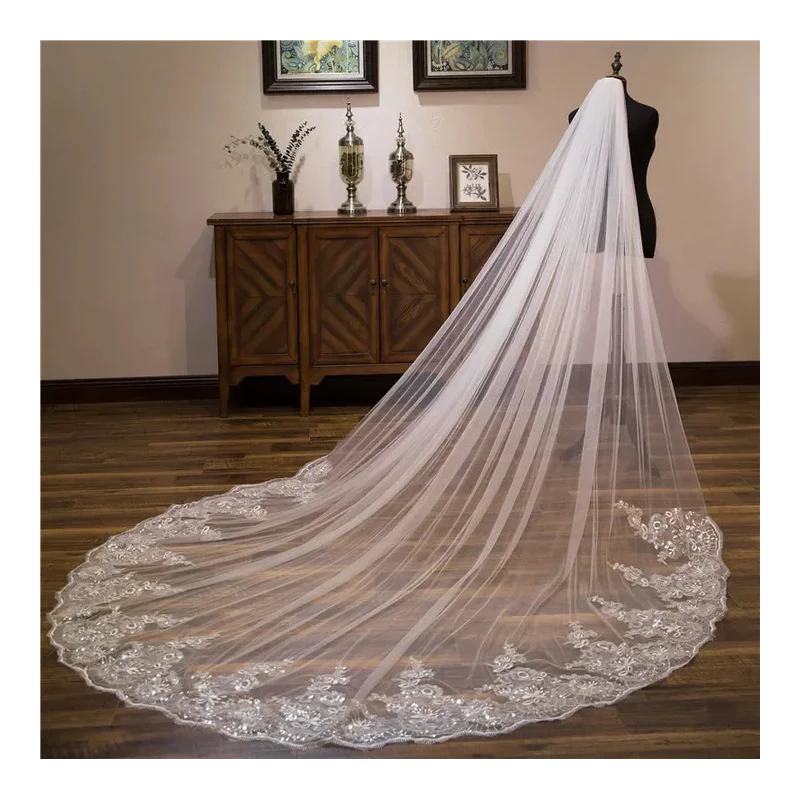 Voiles de mariage cathédrale ivoire blanc en gros 3*3 mètres Appliques en dentelle Voile nuptial