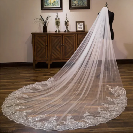 Voiles de mariage cathédrale ivoire blanc en gros 3*3 mètres Appliques en dentelle Voile nuptial