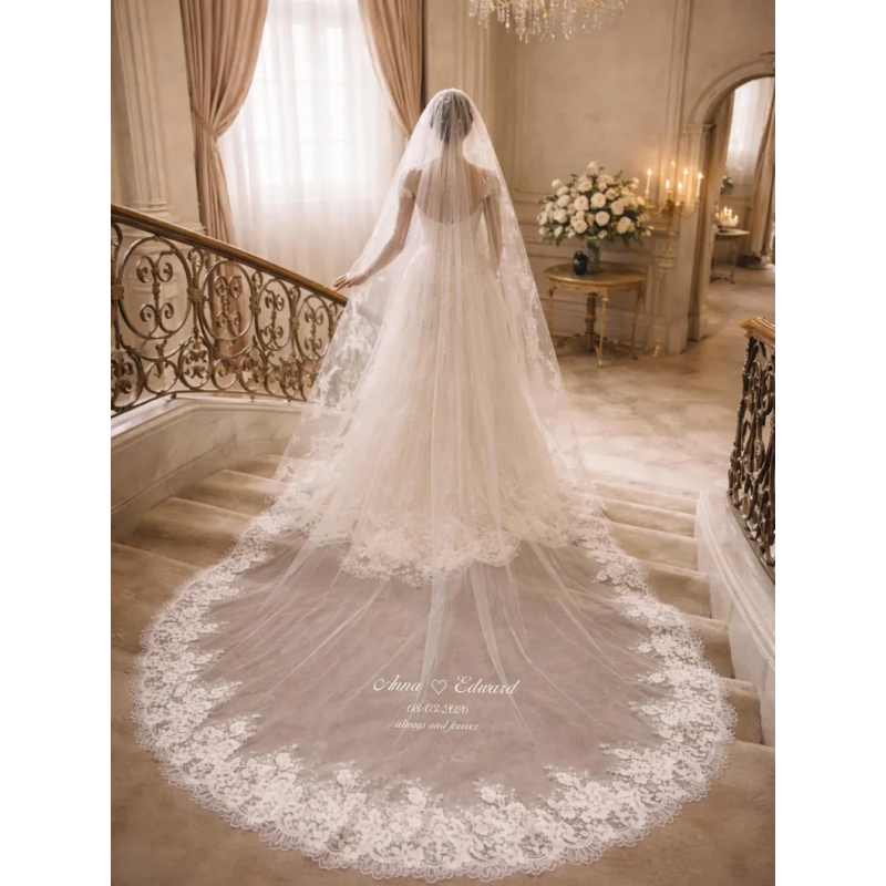 Voile de mariée de bord d'application de dentelle d'un niveau avec paillettes
