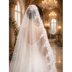 Voile de mariée de bord d'application de dentelle d'un niveau avec paillettes