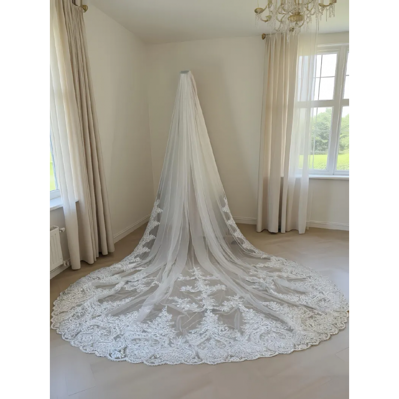 Voile de mariée cathédrale ivoire : voile de mariée en dentelle de 350 cm