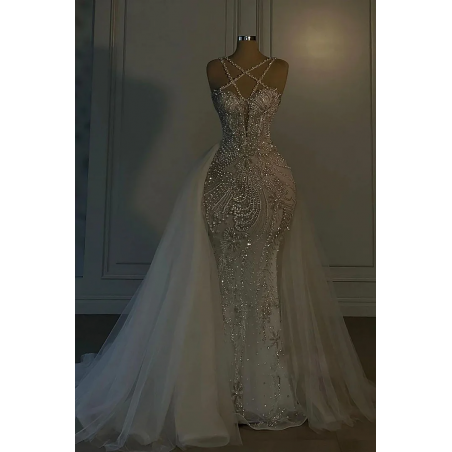 Robe de mariée ivoire de luxe, longue sirène, bretelles spaghetti, tulle ornée de perles | Risias