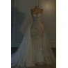 Robe de mariée ivoire de luxe, longue sirène, bretelles spaghetti, tulle ornée de perles | Risias