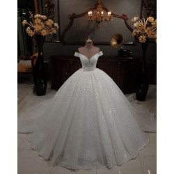 Robe de bal de hors-l'épaule Robe de mariée - Glitter Tulle Princess Robe de mariée - Elégant Corset Sparkly Robe de mariée