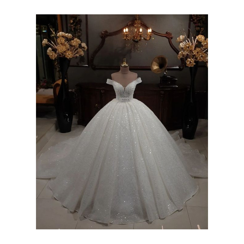 Robe de bal de hors-l'épaule Robe de mariée - Glitter Tulle Princess Robe de mariée - Elégant Corset Sparkly Robe de mariée