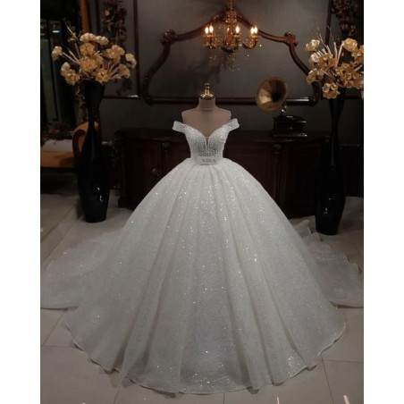 Robe de bal de hors-l'épaule Robe de mariée - Glitter Tulle Princess Robe de mariée - Elégant Corset Sparkly Robe de mariée