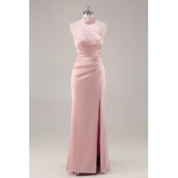 Blush Robe de demoiselle d'honneur en satin à haut cou avec volants et fente