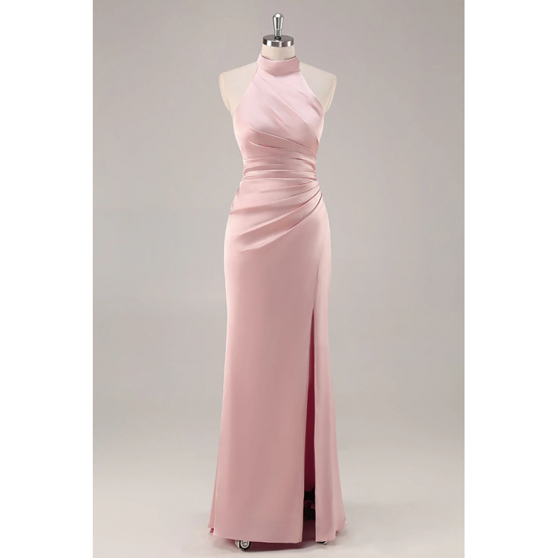Blush Robe de demoiselle d'honneur en satin à haut cou avec volants et fente
