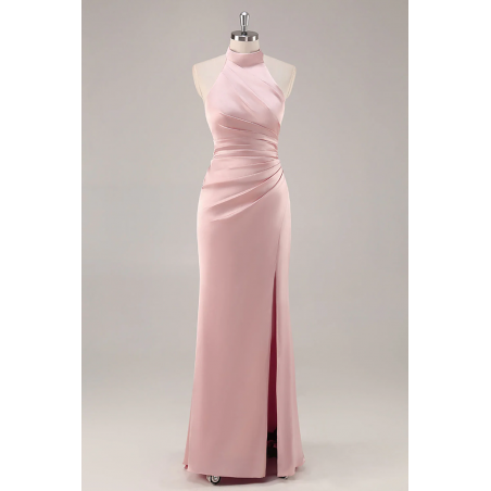 Blush Robe de demoiselle d'honneur en satin à haut cou avec volants et fente
