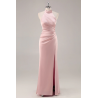 Blush Robe de demoiselle d'honneur en satin à haut cou avec volants et fente