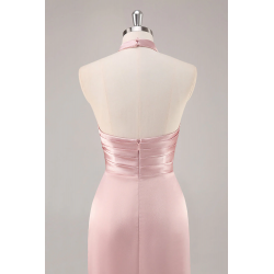 Blush Robe de demoiselle d'honneur en satin à haut cou avec volants et fente