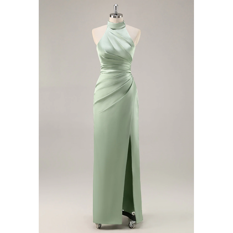 Blush Robe de demoiselle d'honneur en satin à haut cou avec volants et fente