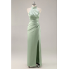 Blush Robe de demoiselle d'honneur en satin à haut cou avec volants et fente