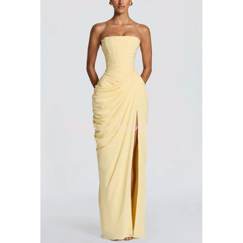 Cyra Chiffon Back Lace-up Asymétrique Plis Sans Bretelles Slit Maxi Robe