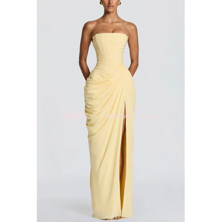 Cyra Chiffon Back Lace-up Asymétrique Plis Sans Bretelles Slit Maxi Robe
