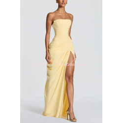 Cyra Chiffon Back Lace-up Asymétrique Plis Sans Bretelles Slit Maxi Robe